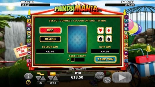 Gamble feature is available after each winning spin. Select color or suit to play.