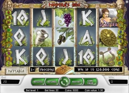 main game board featuring five reels, twenty paylines and a chance to win up to 120,000 coins