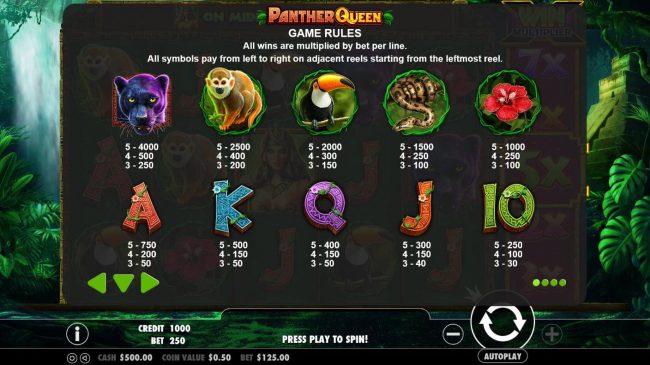 Slot game symbols paytable featuring jungle animal inspired icons..