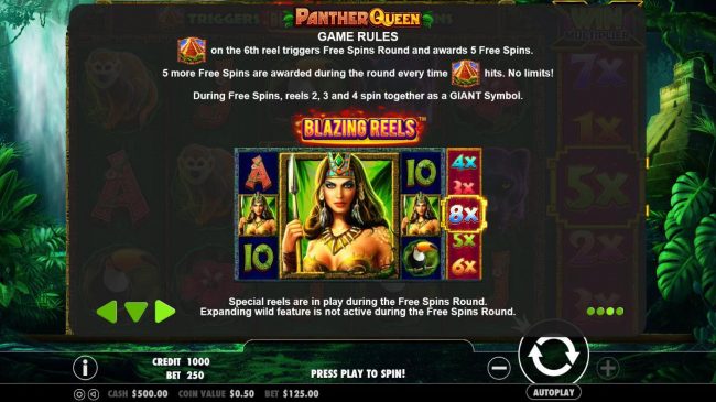 Pyramid on the 6th reel triggers Free Spins Round and awards 5 free spins. During Free Spins, reels 2, 3 and 4 spin together as a giant symbol.