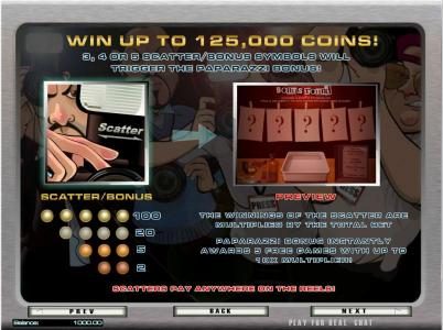 scatter/bonus paytable - win up to 125,000 coins