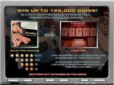 scatter/bonus paytable - win up to 125,000 coins