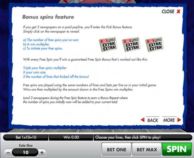 Bonus Spins feature - if you get 3 newspapers on a paid payline, you will enter the Pick Bonus Feature.