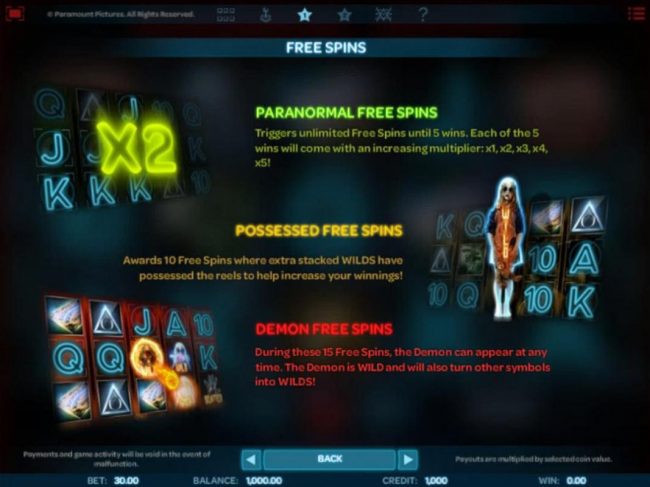 Free Spins - Paranormal Free Spins, Possessed Free Spins and Demon Free Spins.