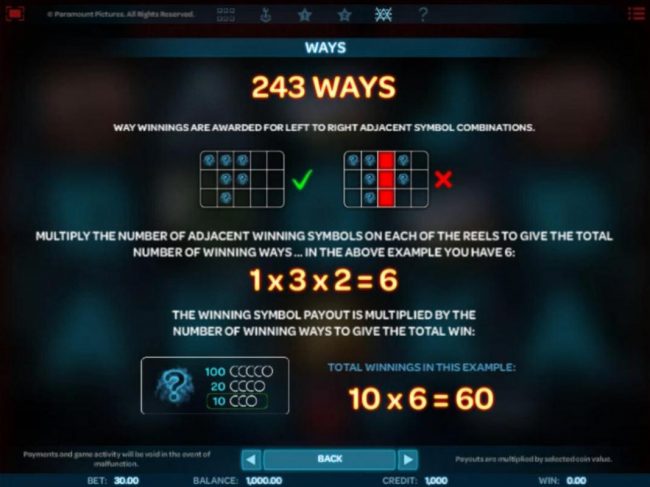 243 Ways - Way winnings are awarded from left to right on adjacent symbol combinations.