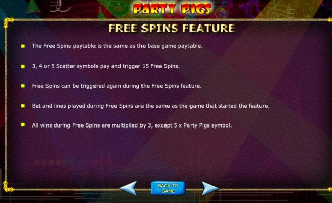 Free Spins Feature Rules - 3, 4 or 5 scatter symbols pay and trigger 15 free spins.