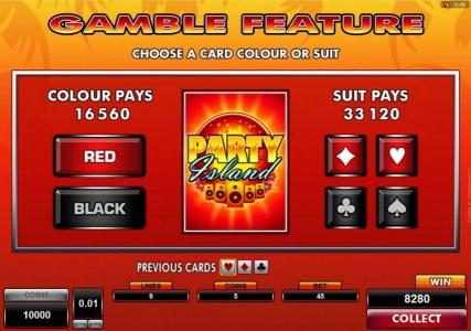 Gamble feature game board. Gamble feature is available after every winning spin.