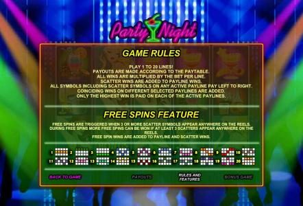 game rules, free spins feature and payline diagrams