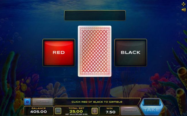 Gamble Feature Rules - The feature is available after each winning spin. Last win amount becomes your stake in the Gamble game. Your goal is to guess the color of the next card drawn.