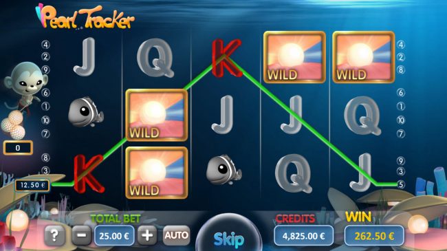 For each pearl collected during the free spins feature, player is awarded one wild symbol