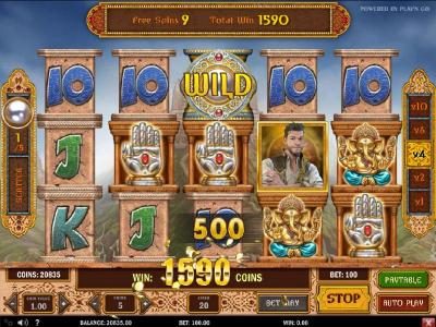 Multiple winning paylines  during the free spins feature triggers a 1590 coinbig win!