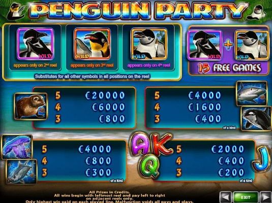 Slot game symbols paytable featuring penguin inspired icons.