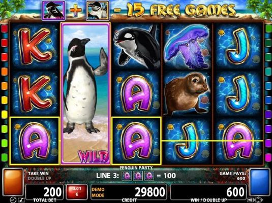 Stacked penguin wild triggers a 600 coin jackpot award.