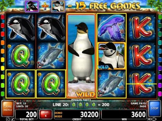 A 3600 coin big win triggered by stacked penguin wild on reel 4