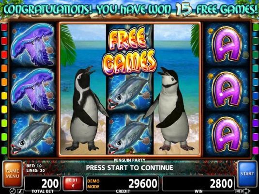 Landing a penguin wild on reels 2 and 4 triggers the Free Games feature.