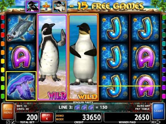 A 2600 coin jackpot resulting from a pair of penguin wilds.