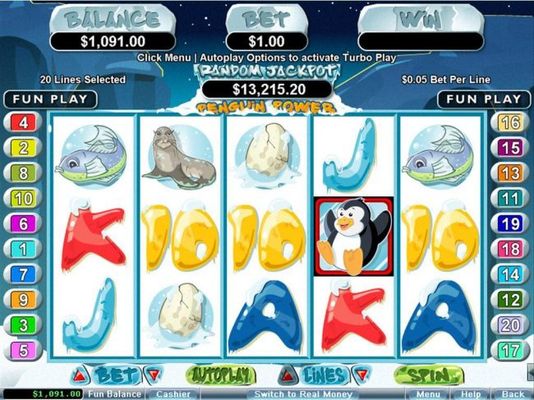 A Penguin themed main game board featuring five reels and 20 paylines with a $250,000 max payout