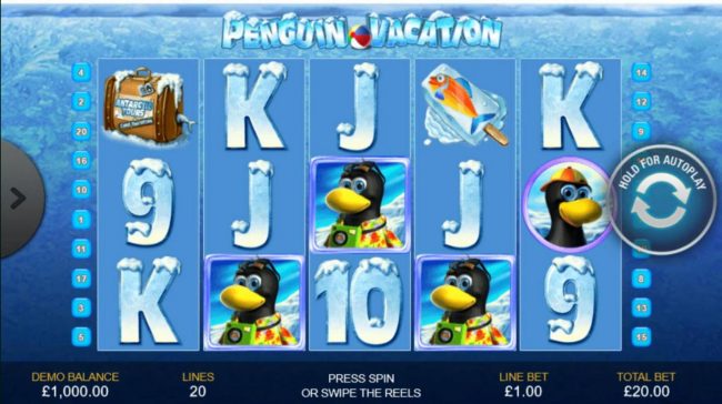 An artic vacation themed main game board featuring five reels and 20 paylines with a $10,000 max payout