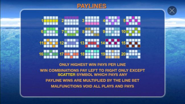 Payline Diagrams 1-20. Only highest win pays per line. Win combinations pay left to right only except scatter symbol which pays any.
