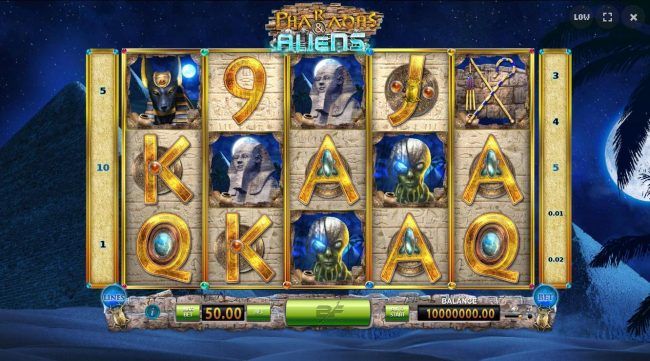 An Egyptian Pharaoh themed main game board featuring five reels and 10 paylines with a $45,000 max payout.