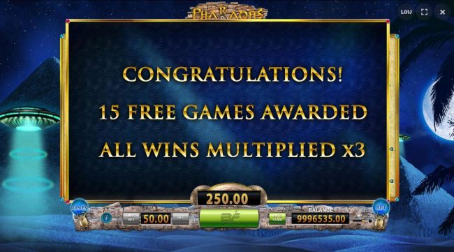 15 free games awarded with all wins multiplied by x3.