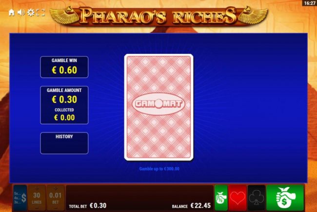 Gamble Feature - To gamble any win press Gamble then select Red or Black.