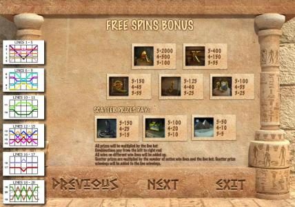 FREE SPINS BONUS payline diagrams and paytable. SCATTER PRIZES PAY