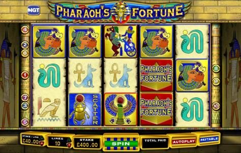 main game board featuring five reels and ten paylines
