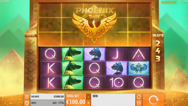 An Egyptian themed main game board featuring five reels and 243 ways to win with a $170,000 max payout
