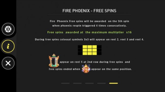 Free Spins will be awarded on the 5th spin when phoenix respin triggered 4 times consecutively.