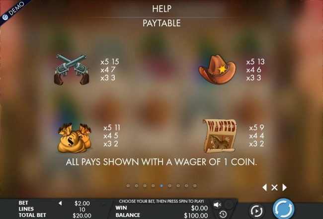 Low value game symbols paytable.