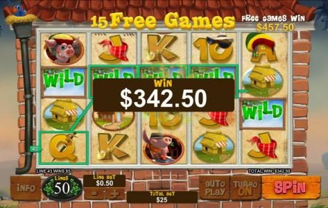 Multiple winning paylines triggered during the free games feature pays out $342.50