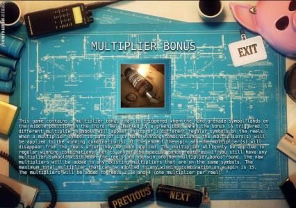 multiplier bonus. this game contains a multiplier bonus that is triggered when the hand grenade symbol lands on the middle position on the third reel.