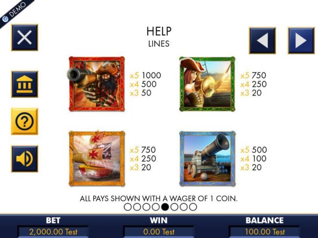 High value slot game symbols paytable featuring pirate inspired icons..