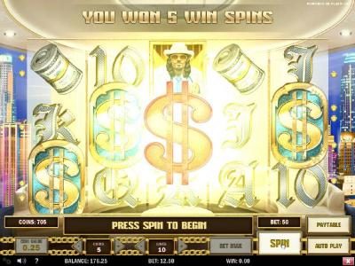 Three golden dollar sign scatter symbols triggers 5 free spins.