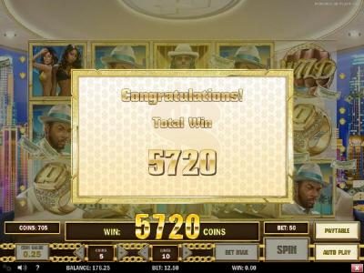 The free spin feature pays out a total prize of 5,720 coins for a super big win!