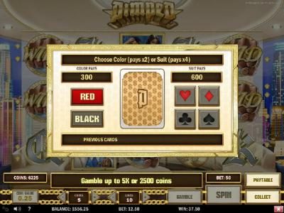 The Gamble feature is available after each winning spin. Select color or suit to play.
