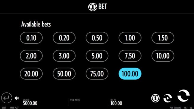 Available Bets - from 0.10 to 100.00