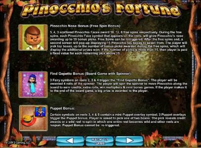 Pinocchio Nose Bonus, Find Gepetto Bonus and Peppet Bonus