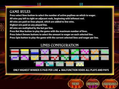 game rules and payline configurations