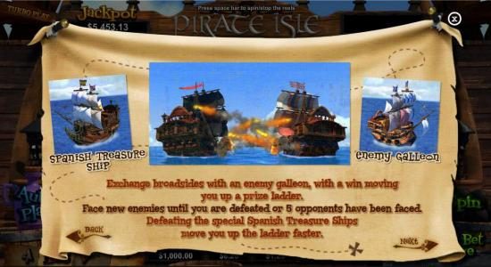 Exchange broadsides with an enemy galleon, with a win moving you up a prize ladder. Face new enemies until you are defeated or 5 opponents have been faced. Defeating the special Spanish Treasure Ships move you up the ladder faster