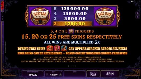 Coach scatter symbol paytable. Five of a kind pays 125,000.00. 3, 4 or 5 scatters triggers 15, 20 or 25 free spins respectively. all wins are multiplied 3x