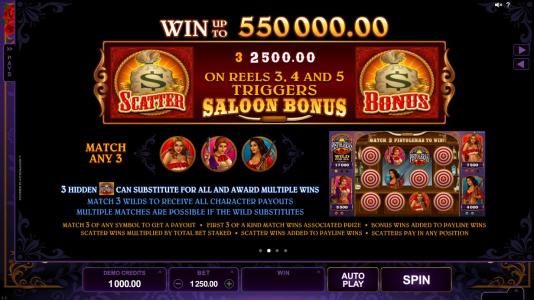 win up to 550,000. Money bag scatter on reels 3, 4 and 5 triggers Saloon Bonus.
