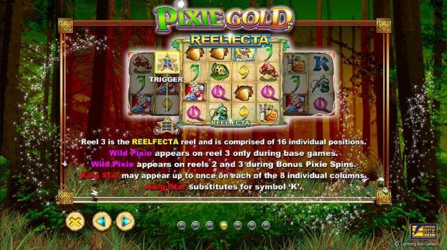 Reel 3 is the Reelfecta reel and is comprised of 16 individual positions. Wild Pixie appears on reel 3 only during base games. Wild Pixie appears on reels 2 and 3 during Pixie Spins.