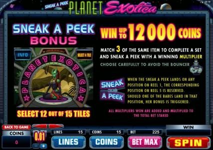 Sneek A Peek Bonus Rules - Win up to 12,000 coins