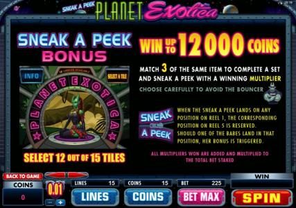 Sneek A Peek Bonus Rules - Win up to 12,000 coins