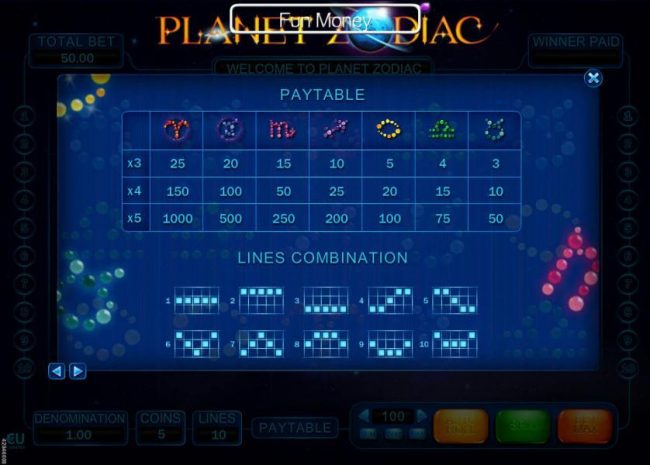 Slot game symbols paytable and payline diagrams 1-10