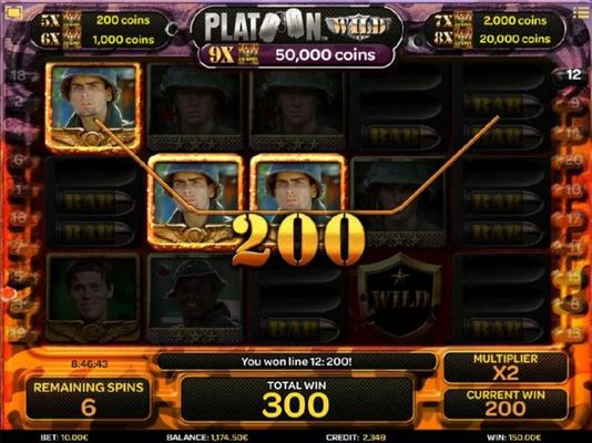 A three of a kind triggers a 200 coin payout during the free spins feature.