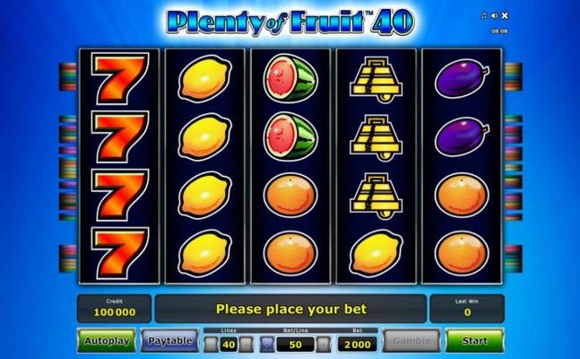 A fruit themed main game board featuring five reels and 40 paylines with a $1,000,000 max payout.
