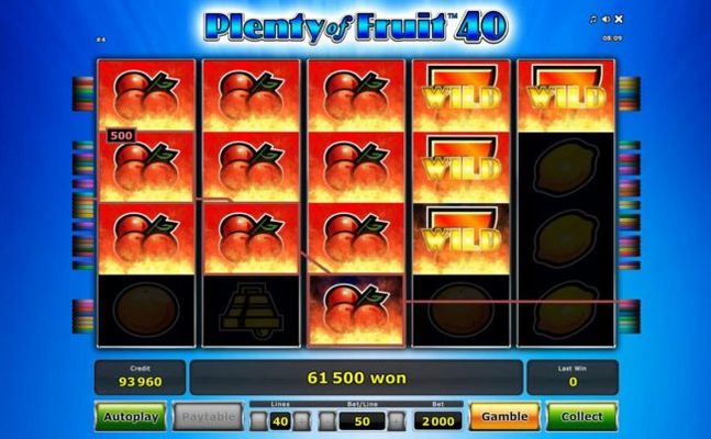 Cherry symbols along with flaming sevens wild symbols combine forming multiplie winning paylines leading to a mega 61,500.00 jackpot win.